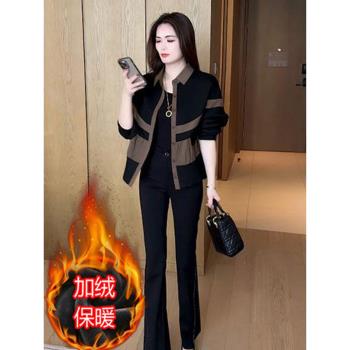 加絨加厚外套女士2024秋冬新款寬松顯瘦休閑百搭時尚撞色媽媽上衣