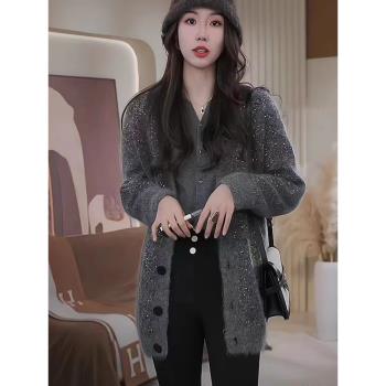 韓系秋冬加厚亮片開衫灰色V領外套女新款今年流行氣質針織衫上衣