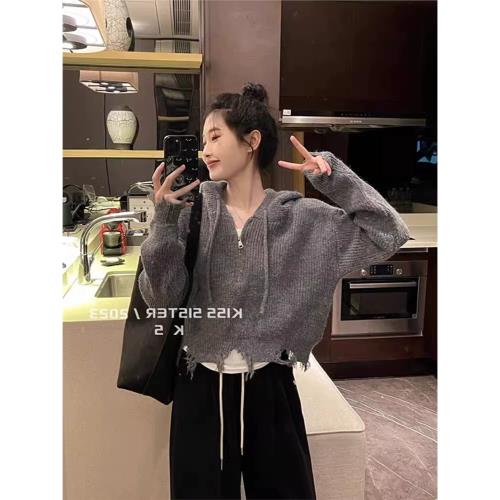 設計感破邊流蘇毛衣女秋冬新款韓版寬松連帽拉鏈套頭短款針織上衣