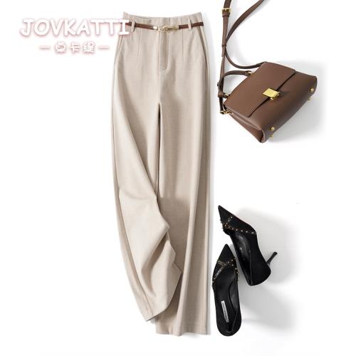 JOVKATTI配腰帶慵懶高腰毛呢闊腿褲女2025秋冬新款時尚顯瘦直筒褲