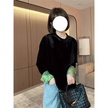 新中式國風圓領絲絨拼接長袖上衣女春季新款大碼寬松顯瘦百搭小衫