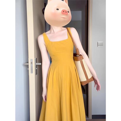夏日多巴胺黃色吊帶連衣裙海邊度假長裙冷淡系獨特別致裙子女夏季