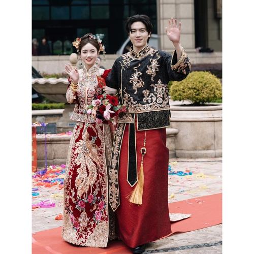 秀禾服2026新款新郎結婚禮服男士古裝大碼漢服唐裝接親婚服龍鳳褂|秀禾 