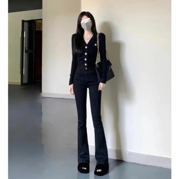 170加長175高個子黑色微喇叭牛仔褲女春季高腰彈力顯瘦春夏喇叭褲