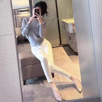 白色高腰九分緊身小腳加長牛仔褲