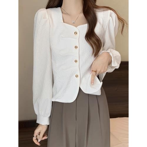 大碼女裝法式氣質鎖骨方領正肩襯衫外套女春秋胖妹妹襯衣長袖上衣