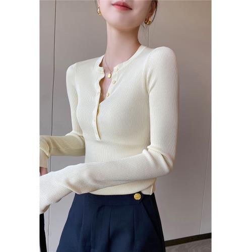 PINKEEN黃色長袖圓領針織衫女春季2025新款修身顯瘦內搭打底上衣