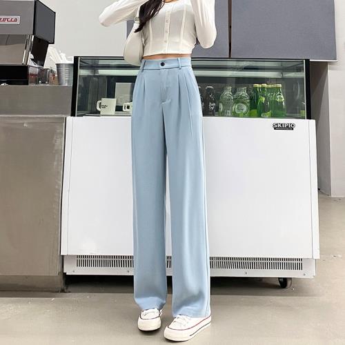 2023春秋闊腿褲女高腰垂感黑色西裝褲寬松顯瘦薄款拖地墜感休閑褲