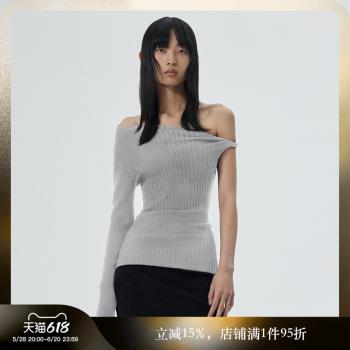 SHOWROOMPLUS 斜肩不對稱修身打底針織衫女上衣露肩設計感T恤
