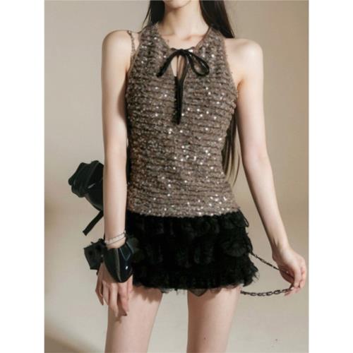 閃閃惹人愛 韓版芭蕾風鏤空蝴蝶結啞光珠片修身背心亮片上衣吊帶