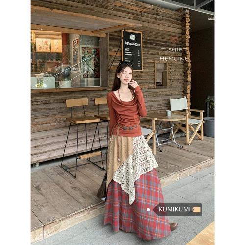 旅游穿搭套裝女裝掛脖一字肩長袖T恤秋冬假兩件格子半身裙兩件套