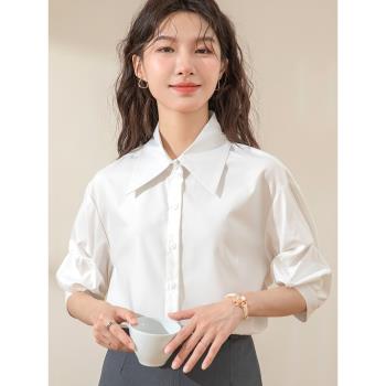 法式通勤半袖白色襯衫女五分袖2024年夏季新款職業設計感小眾上衣