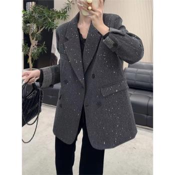 高階歐貨冬季新款寬松顯瘦氣質亮閃閃時尚休閑加厚加棉西裝外套女