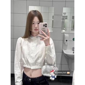 設計感小眾氣質亮片修身長袖襯衫上衣女早春白色獨特別致短款襯衣