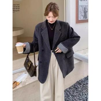 灰色西服夾棉毛呢外套女2024冬新款氣質加厚加棉內膽西裝羊毛大衣