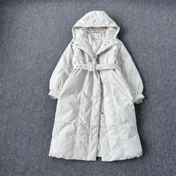 內銷90白鴨絨 長款過膝羽絨服女連帽純色減齡百搭保暖冬外套