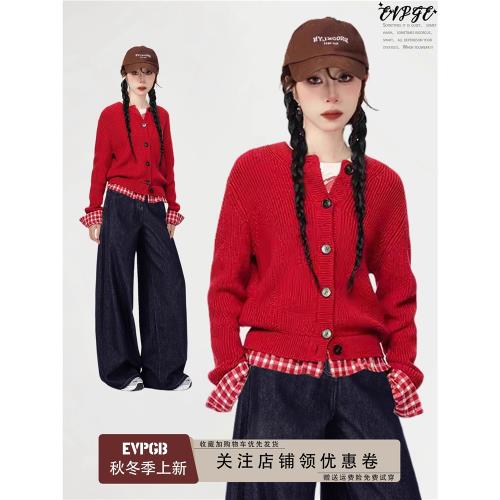 美式紅色正肩假兩件針織開衫女秋季秋冬修身內搭打底衫毛衣針織衫