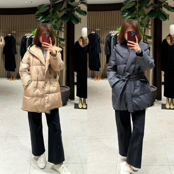 時尚優雅溫暖~韓國24冬氣質大翻領連帽雙排扣腰帶收腰羽絨服女3色