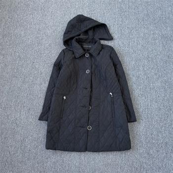 出口歐美單 大碼中長菱形格棉衣女脫卸帽單排扣輕薄棉服秋冬外套
