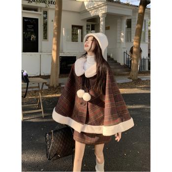 新年跨年紅色格子斗篷毛呢外套女冬季羊羔毛小個子呢子大衣套裝潮