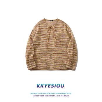 KKyesiou美式復古系帶條紋針織衫男女vintage情侶學院風百搭毛衣