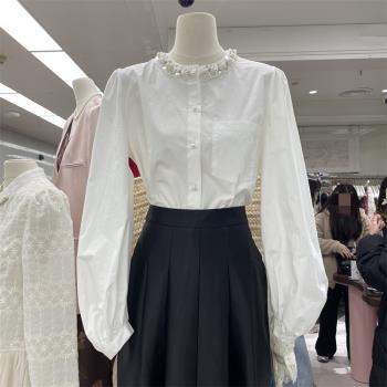 十三行女裝2025春裝新款設計感珍珠亮片圓領泡泡袖百搭襯衫上衣