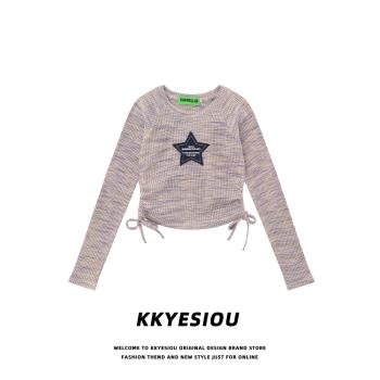 KKyesiou美式復古星星刺繡短款上衣女系帶抽繩辣妹外穿針織衫毛衣