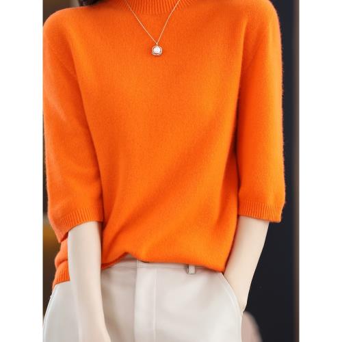 秋季無縫七分袖羊絨衫女半高領寬松毛衣短袖套頭針織純羊毛五分袖