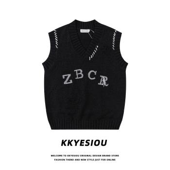 KKyuesiou美式潮牌字母刺繡情侶針織背心男女學院風休閑馬甲毛衣