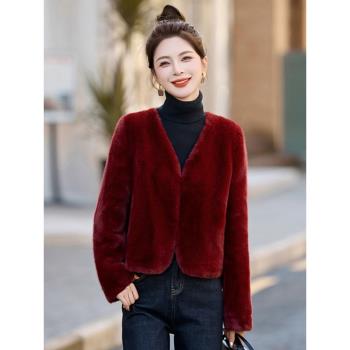 紅色小香風仿水貂毛絨外套女2024冬季新款超好看短款皮毛一體上衣