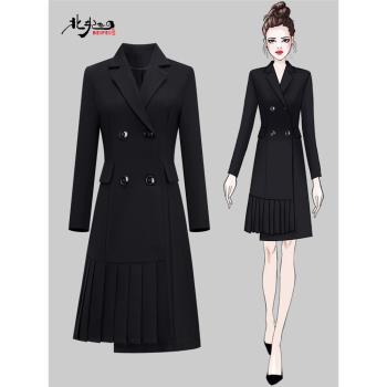 黑色工裝連衣裙長袖工作服女職業氣質裙子雙排扣顯瘦西裝裙高階感