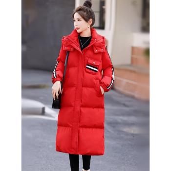 新年紅色羽絨棉服女中長款2024冬季新款寬松休閑過膝加厚棉衣外套
