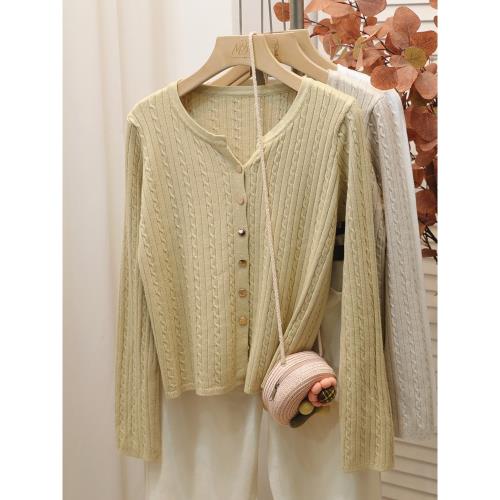 別致小V領正肩毛衣開衫針織外套女春秋季純色單排扣麻花長袖上衣