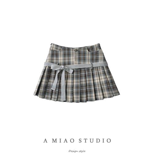 美式甜辣學院風蝴蝶結系帶格紋百褶裙防走光高腰A字半身裙短裙女