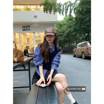 韓系學院風套裝女藍色格子襯衫上衣早春疊穿針織馬甲小背心兩件套