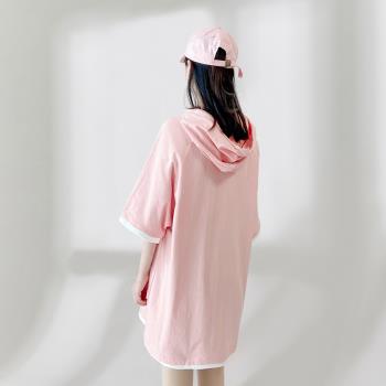 夏季薄款粉色連帽大t恤女寬松中長款遮屁股防曬上衣OVERSIZE潮INS