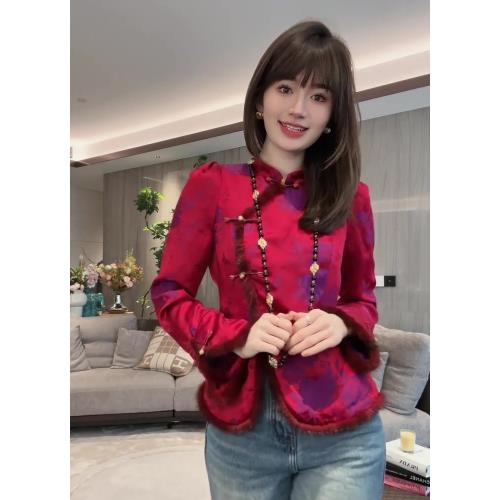 國風新中式唐裝盤扣襯衫女冬新款敬酒服新年戰袍紅色毛毛拼接上衣