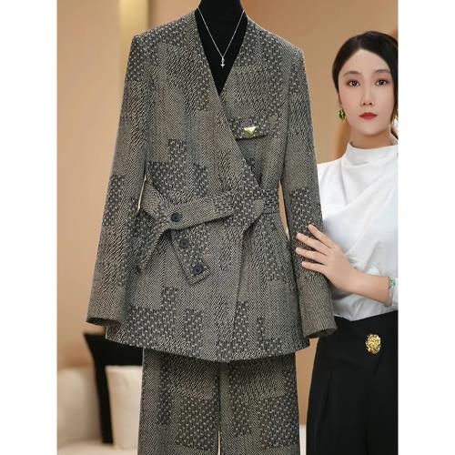 收腰顯瘦毛呢西裝套裝女2024秋冬新款灰色百搭高級簡約設計感西服