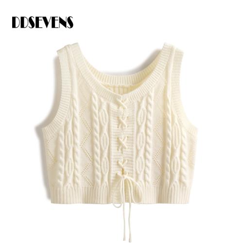 系帶馬甲背心女春秋甜美外搭減齡短款收腰百搭麻花無袖針織衫上衣