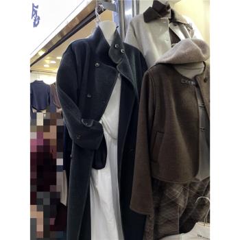 韓國東大門24秋冬雙面羊絨大衣中長款立領高階羊毛呢雙排扣外套女