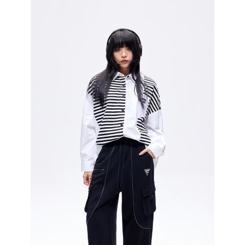 拓谷商場同款條紋襯衫女拼接不規則2025春夏前短后長后背開叉上衣