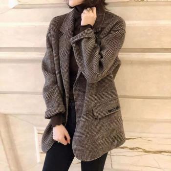 復古赫本風加棉羊絨外套女小個子胖mm英倫格子西裝羊毛呢休閑大衣