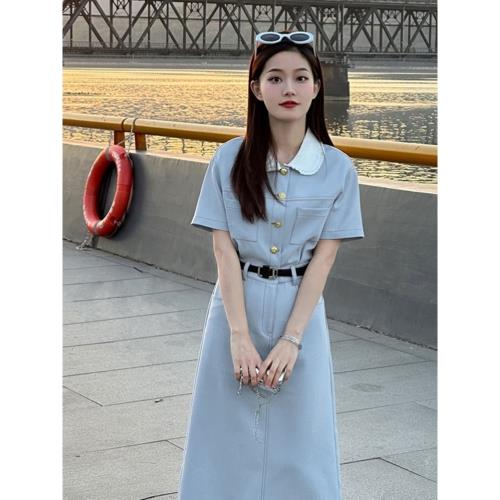 氣質中長款娃娃領連衣裙女夏2025新款法式小眾茶歇收腰短袖長裙子