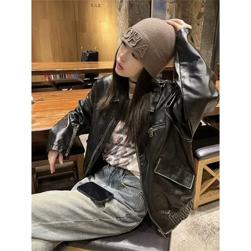 酷炸了 美式復古風辣妹廓形設計感做舊擦色翻領皮衣寬松機車外套