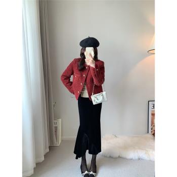 CHICROOM小香風羽絨服外套女秋冬新款法式名媛酒紅色羊毛呢外套