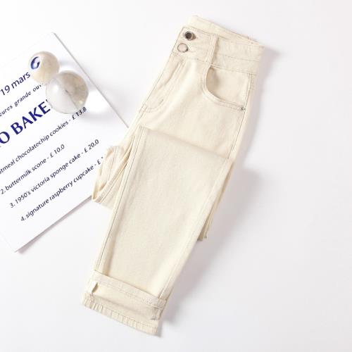 【特價清倉】米白色直筒褲女高腰牛仔煙管褲韓版顯瘦八分九分褲