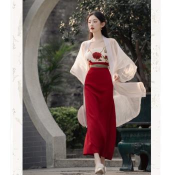 女裝復古新中式國風改良紅色玫瑰漢服三件套俠女超仙氣日常上班