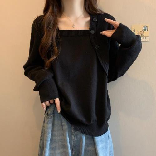 大碼法式方領遮肚子顯瘦針織打底衫春秋胖妹妹慵懶風寬松長袖上衣
