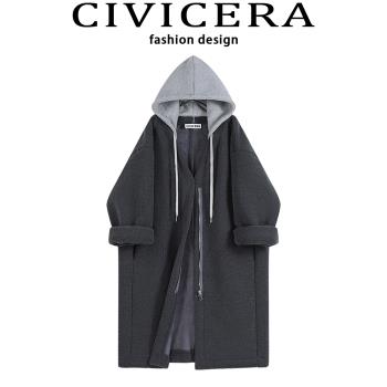CIVICERA皮毛一體大衣女秋冬慵懶風可卸連帽中長羊羔毛外套小個子