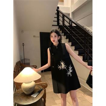 新中式小黑裙女裝夏季新款立領改良旗袍設計國風寬松背心裙短裙子